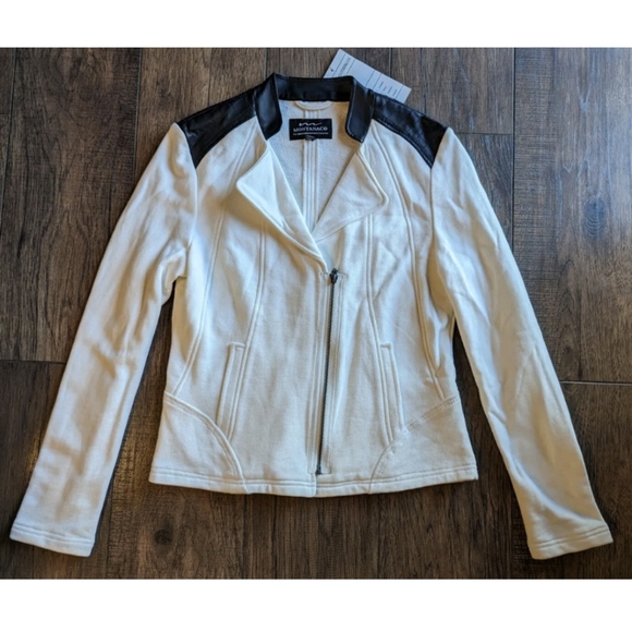 Montana Co Women's White Cotton Jacket w/ Black Faux Leather Accents Size Small - Picture 1 of 16